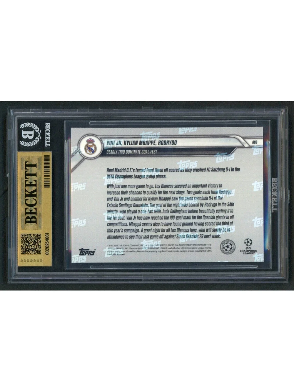 2024-25 Topps Now UCL #83  Vini Jr /Mbappe/Rodrygo  Green /99  BGS 9.5 Gem Mint